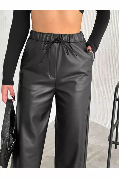 Black Elastic Waist Drawstring Palazzo Leather Pants