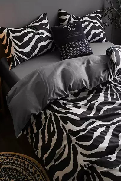 Parure de lit avec drap-housse pour lit simple, motif zèbre noir et blanc