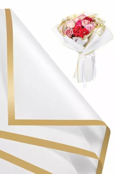 Опаковъчна хартия за цветя Бяла с златист ръб 4 броя Изкуствени цветя Сухи цветя Свежи цветя Бума за букети