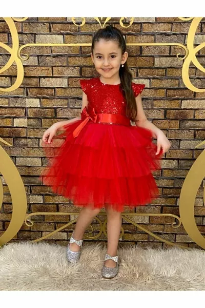 Robe de fête pour fille avec tulle rouge et sequins