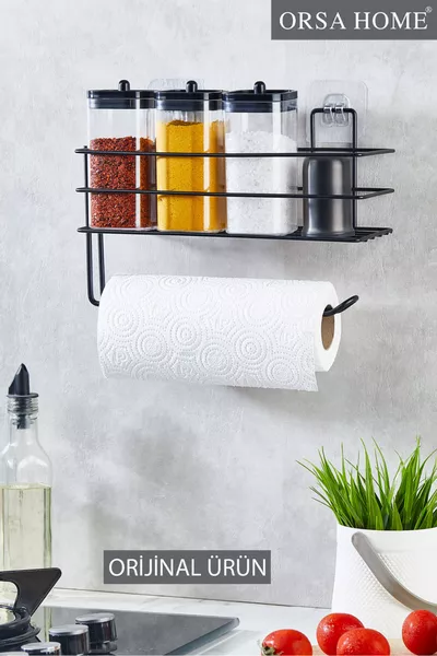 Black Adhesive Kitchen Organizer Shelf with Roll Paper Towel Holder