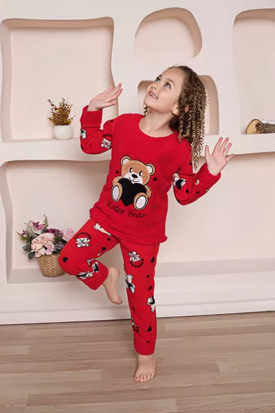KAPİ KIDS Long Sleeve Red Teddy Bear Girl Fleece Pajama Set