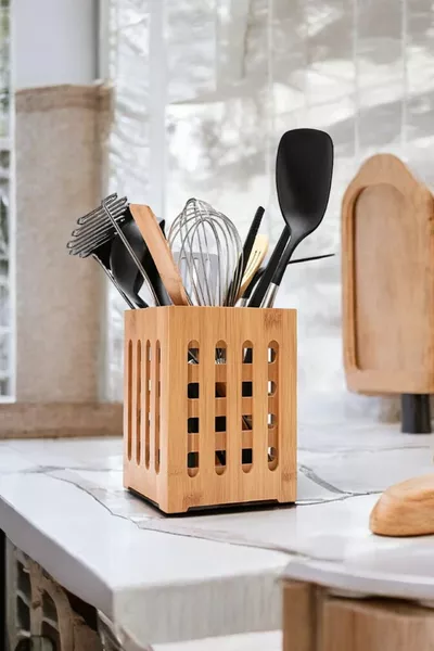 Бамбукова поставка за лъжици, декоративна вертикална поставка за лъжици за плота, бамбуков кухненски организатор