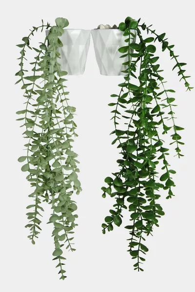 Изкуствено цвете с диамантена саксия, комплект с една клонка пастел и зелена евкалиптова висулка