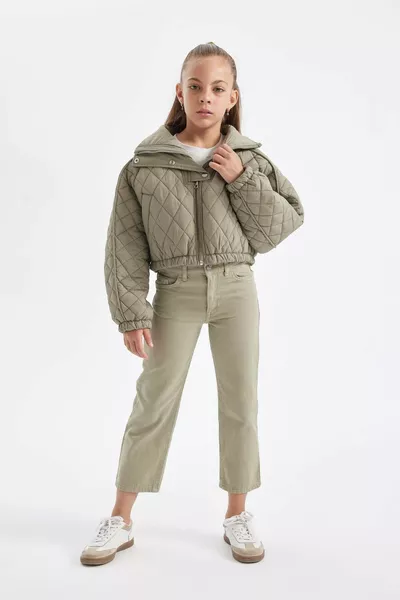 معطف مبطن للفتيات بحواف مضادة للماء، ياقة عالية، أزرار كبس، خصر مطاطي وجيوب، موديل AU