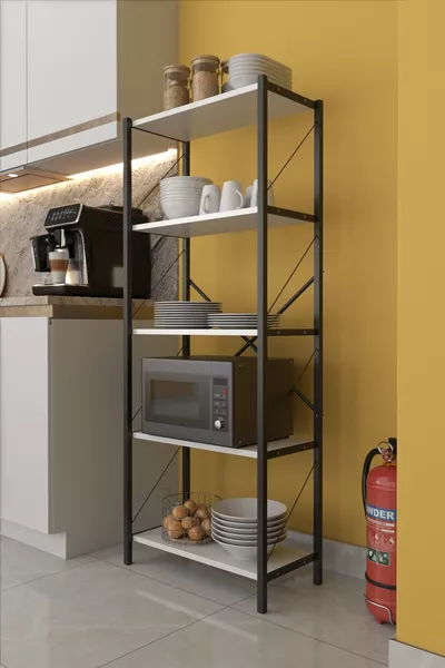 خزانة مطبخ معدنية بقدرة 5 رفوف ورف للميكروويف، أبيض، سم