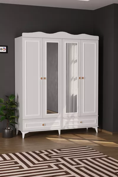 Armoire Nova à 4 portes avec 2 tiroirs et miroir, blanche