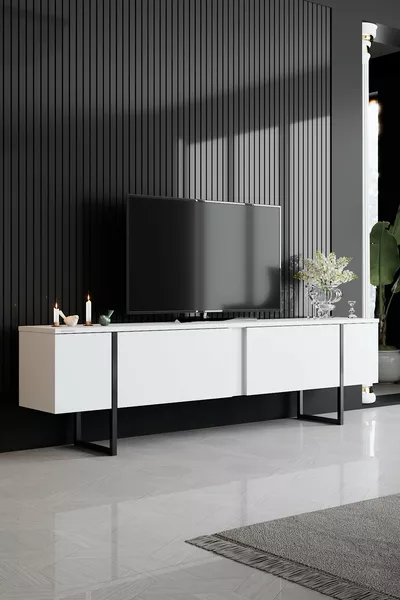 Luxe White TV Stand with Black Iron Legs
