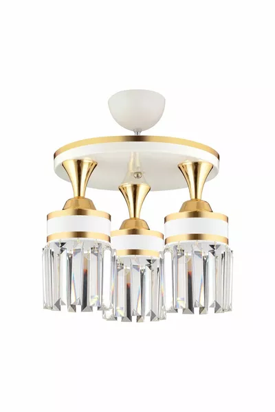 Nairobi 3-Light White Ceiling Lamp with Crystal Stones and Yellow Striped Downward Cylinder Luxury Chandelier