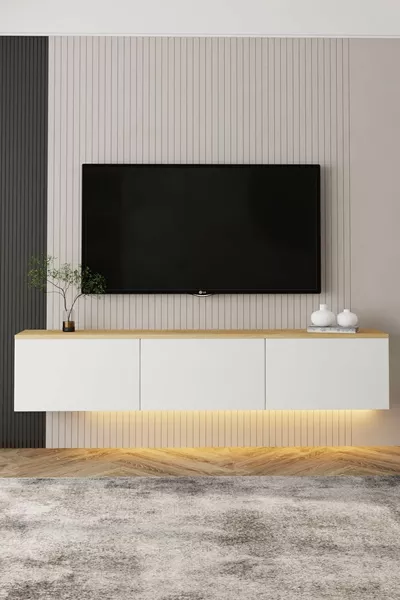 Neon LED Light Wall-Mounted, 3-Door TV Stand, TV Unit White/Sapphire Oak
