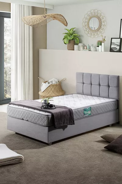 Berlin Single Bed Base Headboard Comfort Mattress Set, Light Gray