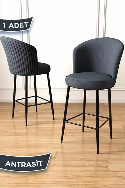 Fora Series 1 Piece Island Kitchen Chair Babyface Fabric Anthracite Bar Stool Black Metal Legs