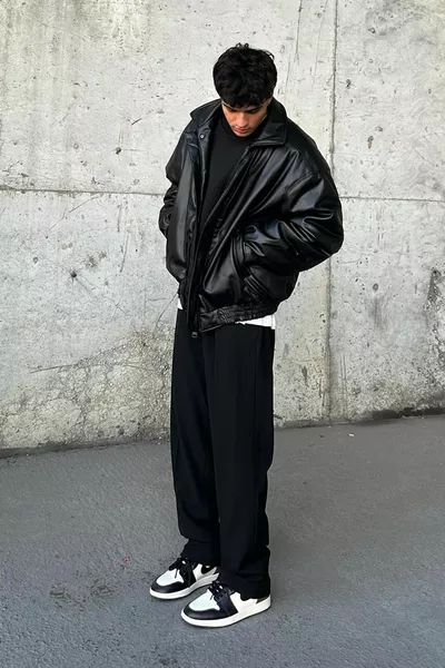 Veste oversize vintage en cuir noir pour homme