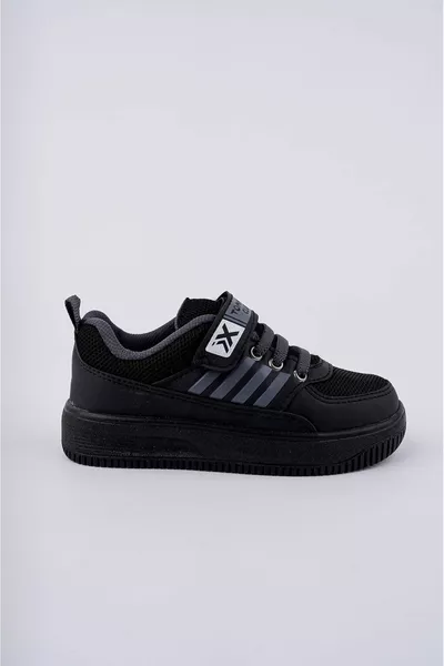 حذاء رياضي فيلكرو أسود رمادي مخطط للأطفال