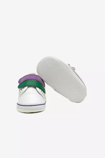 Neonata Cuore Colorato Bianco Primo Passo Scarpe Verde / Viola Con Cinturino In Velcro