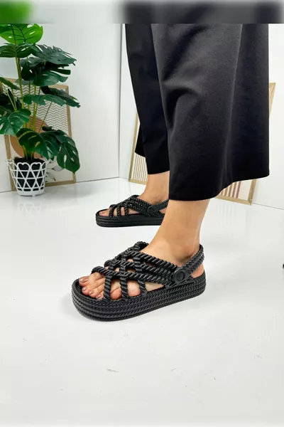 Ежедневни Дамски Черни Чехли Плетене Детайлни Дебела Подметка Овални Пръсти Морски Сандали 