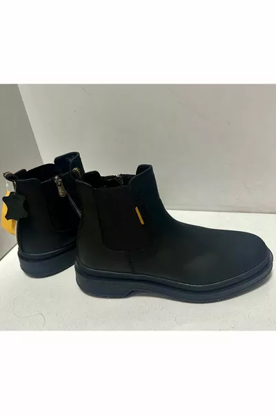 DOCKERS BY STRETCH MEN'S BLACK COLOR GENUINE LEATHER BIKER BOOTS WITHOUT LACES WITH ELASTICATED SIDES 