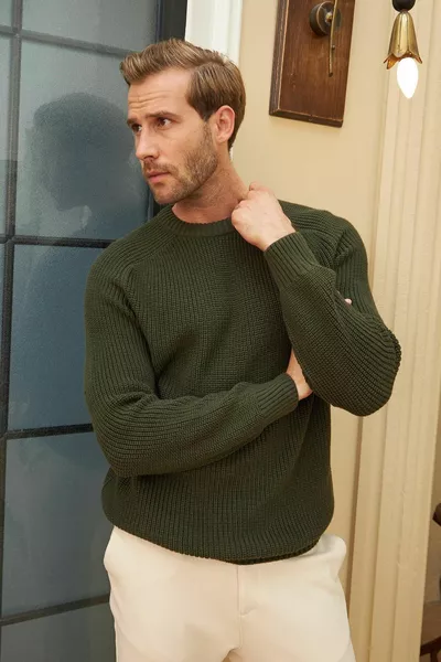 طاقم الرقبة سالونيك محبوك القطن الرجال الكاكي سترة متماسكة