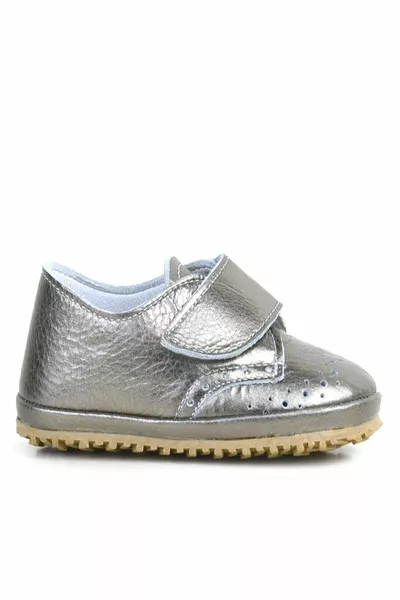 Hakiki Deri Platin Simli Cırtlı Bebek Patik Ayakkabı