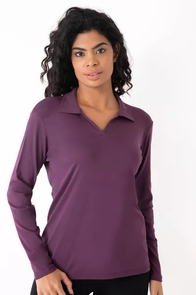 Curve Plus Size Cotton Stretch V-Neck Basic Plain Long Sleeve Purple Blouse