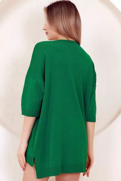 V-hals Halfkwartsmouw Achter Lang, Voorkant Kort, Met Split, Losvallend Basis Seizoensgebonden Trui