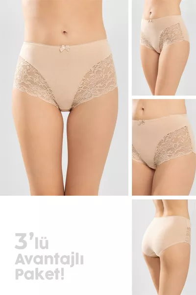 طقم 3 قطع من سروال داخلي نسائي كلاسيكي من القطن بكسر عالي وبدون حواف بلون البيج
