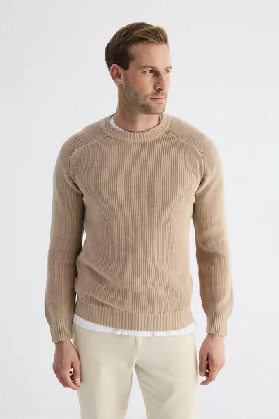 سترة صوفية رجالية بيج من القطن برقبة على شكل دراجة ونسج سلانيك