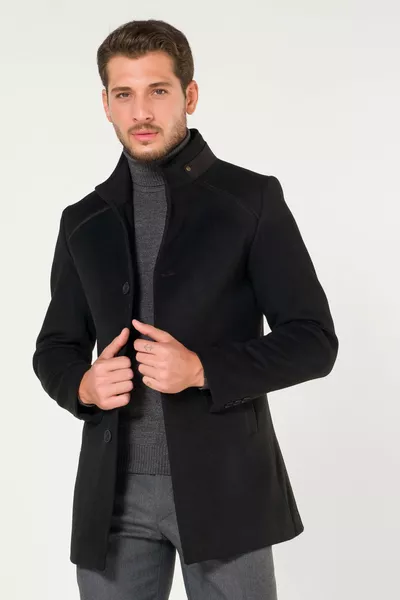 Heren Slim Fit Winterjas met Standaardkraag Zwart