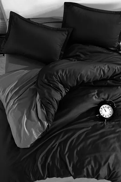 طقم لحاف بملاءة مطاطية فردي رمادي - أسود