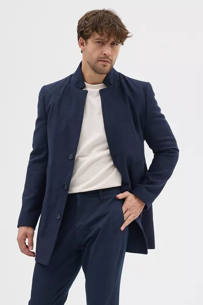 Cappotto da uomo slim fit blu scuro con collo alto in lana