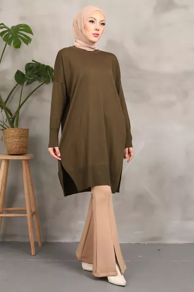 Khaki Crew Neck Mercerized Loose Knit Tunic