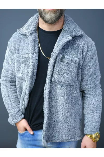 سترة شتوية رمادية من المخمل مع صدر من الجلد وأزرار ووسم