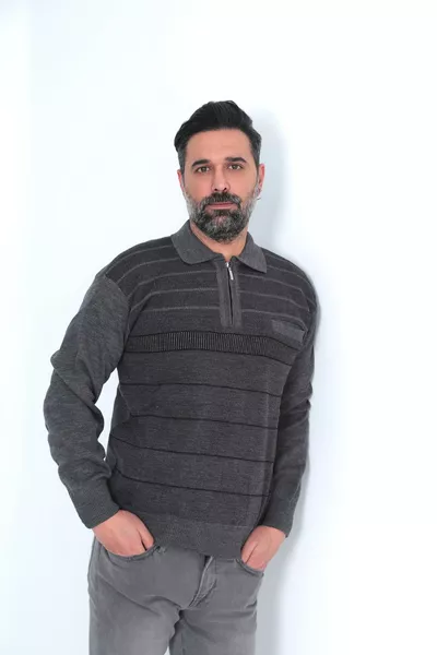 سترة رجالية صوفية شتوية سميكة برقبة قميص وخطوط من خيوط الأكريليك مع جيب واحد