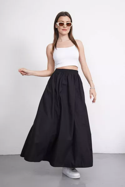 Elastische Taille Poplin Stof Lange Rok met Dubbele Zak, Comfortabele Snit, Ongevoerde Bedekkende Rok (Lengte  CM)