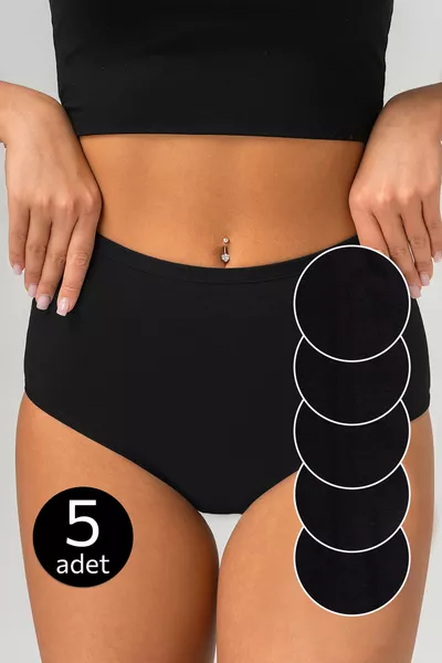 Женские хлопковые трусы, комплект из 5 штук - с высокой посадкой, с лайкрой, большая размерная сетка, черные