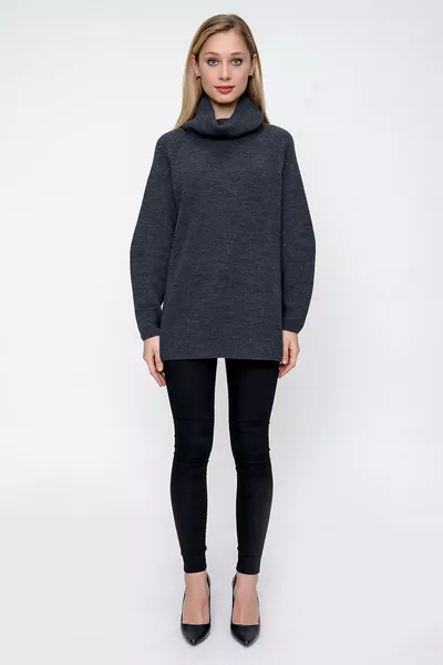 Maglione lungo da donna in maglia stilata con scollo a V, colore antracite 