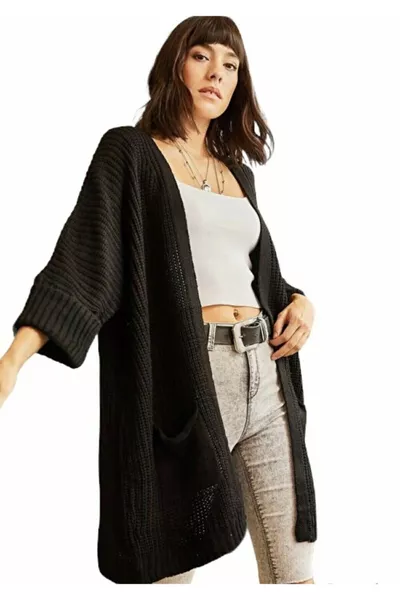 Women's Black Oversized Pocket Loose Knit Cardigan with Double Sleeves