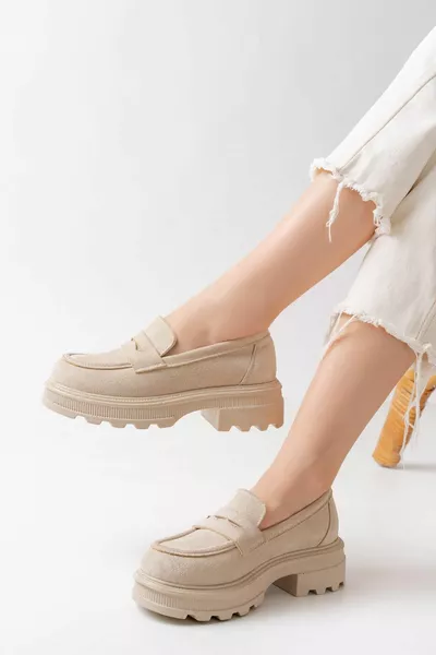  Beige Suede Повседневные Туфли с Высокой Подошвой Лоферы