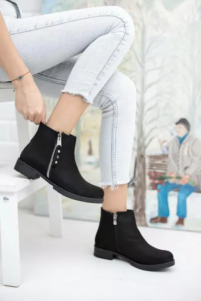 Moonlight Double Zipper Plat Antidérapant Semelle Femmes Bottes Noir