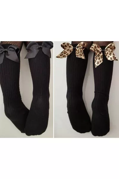 جوارب طفلك فوق الركبة مزينة بالفيونكة بنقشة الفهد، مجموعة من قطعتين