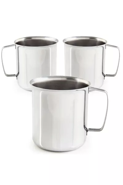 3 Stainless Steel Metal Mugs with Handles Height: 8.5 cm Unbreakable Camping Mug