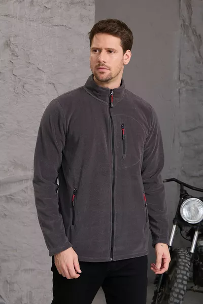 جاكيت بقلنسوة رجالي شتوي سميك بسحاب كامل من قماش قطني مبطن بالفرو باللون الرمادي الداكن