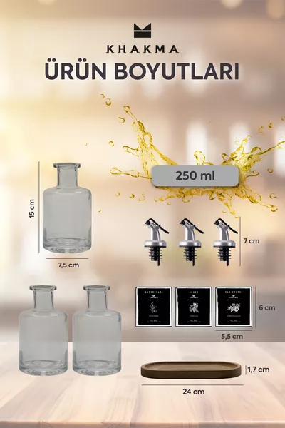 Wooden Stand Transparent 3-Piece ml Olive Oil Vinegar Pomegranate Molasses Cruet Set Black