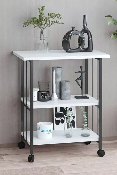 خزانة مطبخ متعددة الأغراض بعجلات وفرامل بثلاثة أرفف وطاولة