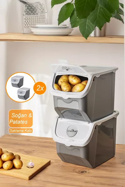 Coral 2er-Set Mehrzweck-Kunststoff-Aufbewahrungsbox für Kartoffeln, Zwiebeln und Knoblauch,  Liter - Grau