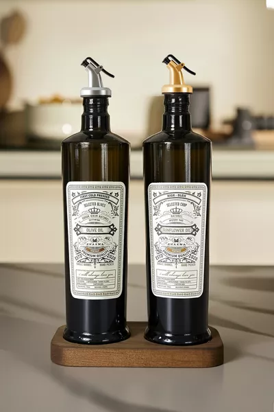 Siyah İtalyan Cam  ml 2'li Yağdanlık Seti - Ahşap Standlı -Damlatmaz Kapaklı Zeytinyağı Sıvıyağ