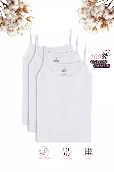 Özkan  3-Pack Girls' Tank Top with Lace Neckline, % Cotton Rib, Stretchy and Comfortable, Spaghetti Straps