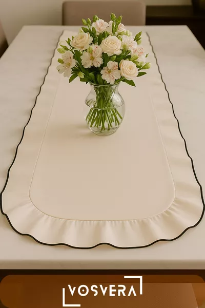 Natural Cotton Linen Ruffle Vintage Frilled Runner with Curved Detail and Braid  x  cm