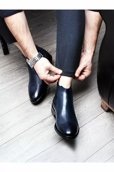 Ibay Chelsea أحذية جلدية أصلية باللون الأزرق الداكن للرجال