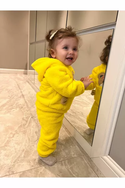 Winter Teddy Bear Patterned Welsoft Luxury Baby Set Plush Pocket Hoodie